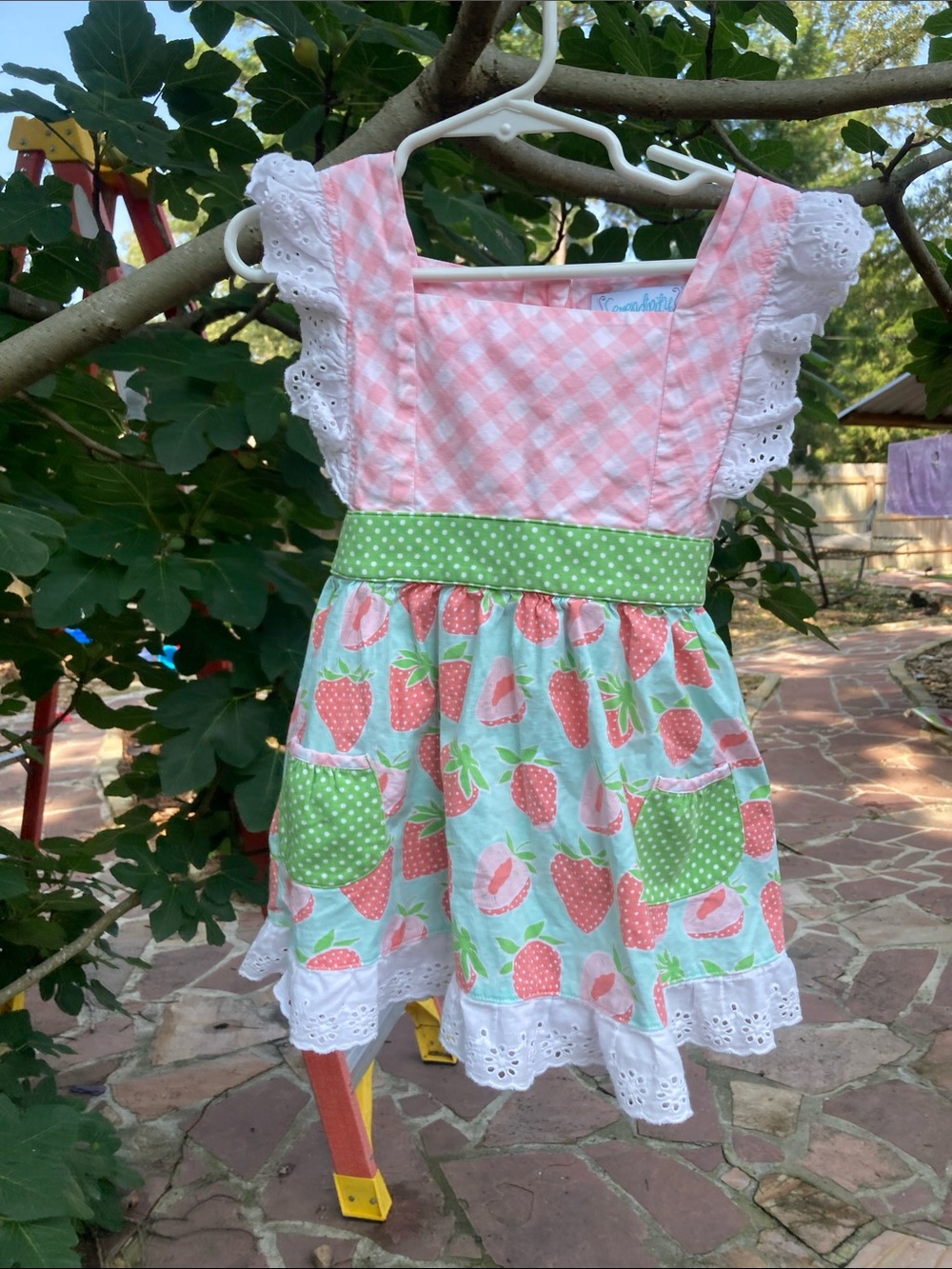 Serendipity Pink Gingham & Strawberry Print Dress with Green Polka Dot Waistband